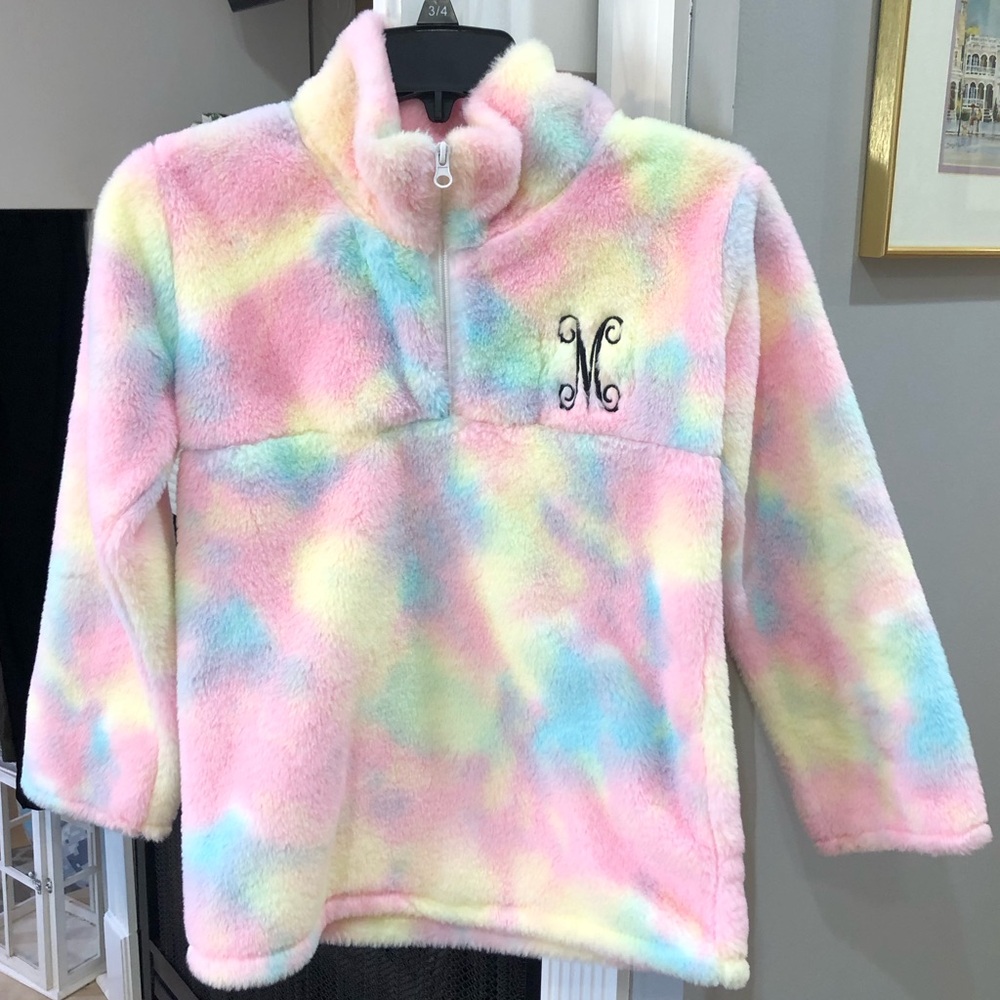 Embroidered “M” Girls Long Sleeve Fuzzy Bubblegum Tie Dye Sweater Pullover